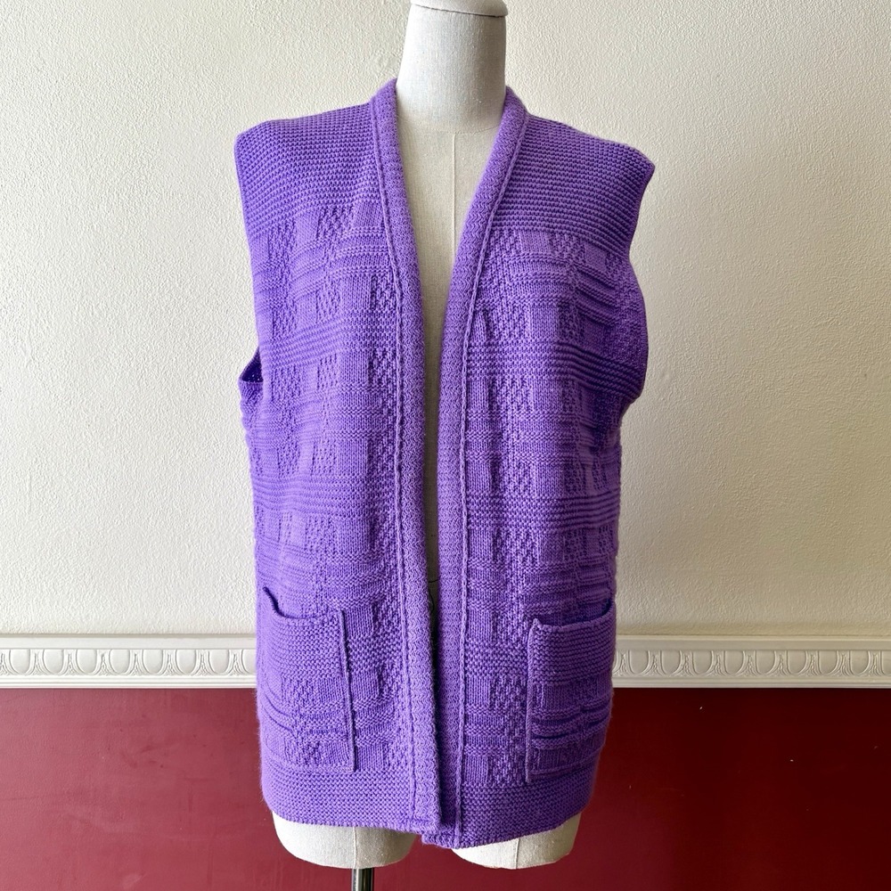 Vintage Milrank California Knit Sweater Vest M Purple‎ Textured Open Front Retro
